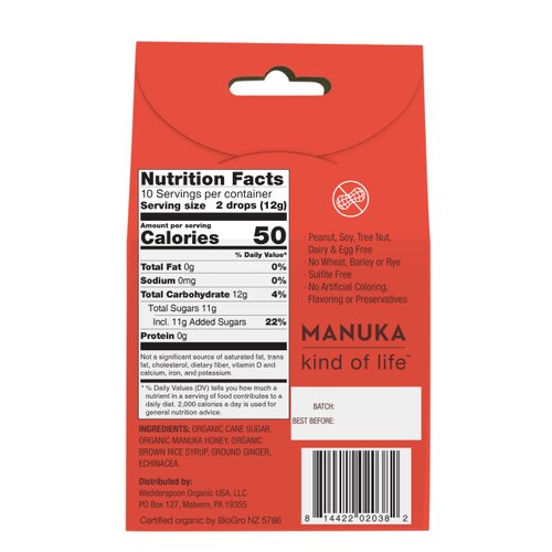 Wedderspoon Organic Manuka Honey Drops, Ginger & Echinacea, 20 Count (Pack of 1) | Genuine New Zealand Honey | Perfect Remedy For Dry Throats