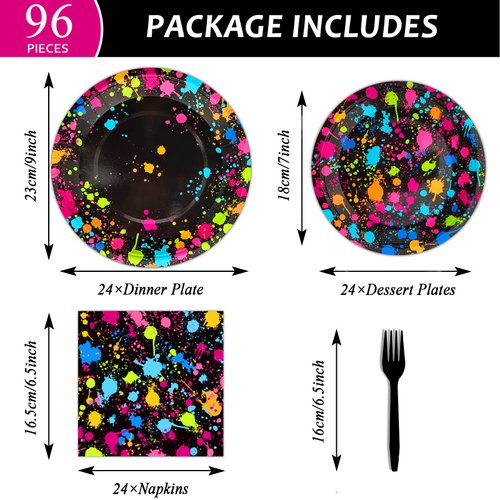 Neon Party Supplies for 24 Guests Glow Party Plates Napkins Tableware Neon Glow Birthday Colorful Graffiti Party Decoration Favor，96 Pieces