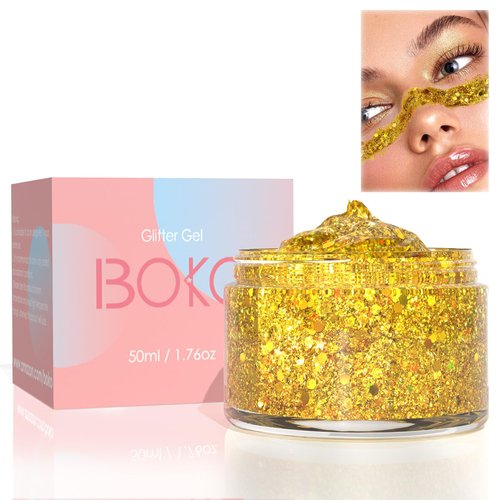 Boko 50ML Body Glitter Gel, Gold Chunky Glitter Gel for Face Hair Body Sparkle Makeup, Cosmetic Face Glitter Gel for Halloween Christmas Concert Party Cheer Makeup Rave Accessories - Noon Sunshine