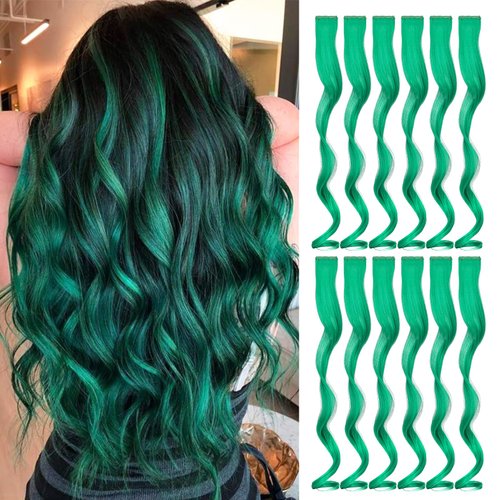 Wodelanle 12 PCS Colored Green Hair Extensions Clip in Hair Extensions Colorful 20 Inch Wavy Curly Synthetic Hairpiece Colored Hair Extensions for Kids Girls Women Party Highlights