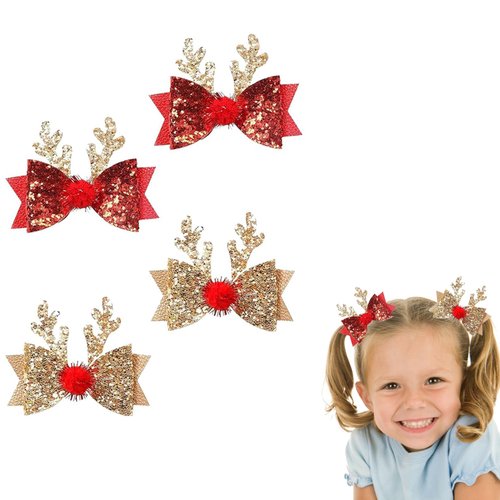 4pcs Christmas Bow Hair Clips for Girls, Cute Reindeer Antlers Bow Hair Clips Sparkly Gold Red Hair Barrettes Glitter Hairpins, Christmas Hair Accessories Party Favors Gifts for Girls Toddlers Kids