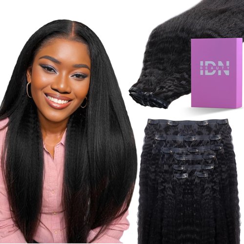 IDN BEAUTY Seamless Clip In Hair Extensions Human Hair, Kinky Straight 16 Inch 110g 7pcs Natural Black Remy Virgin Human Hair Seamless Clip Ins For Black Women PU Weft Invisible Edge