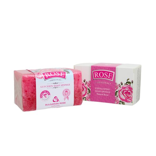 Rose Bulgarian Exfoliating Soap Sponge with Natural Oil, Cleansing Soap Bar and a Gentle Exfoliating Sponge in One