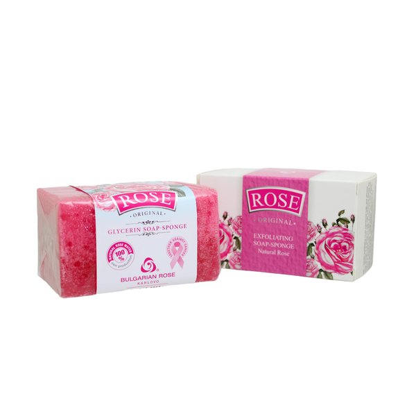 Rose Bulgarian Exfoliating Soap Sponge with Natural Oil, Cleansing Soap Bar and a Gentle Exfoliating Sponge in One