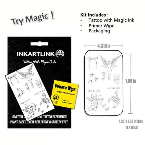 INKARTLINK Semi Permanent Tattoos, temporary tattoos, multiple designs, adult art designs, party favors, waterproof, realistic, no adhesive, no reflective, lasts 1-2 weeks (Bow, Angel, Scorpion)