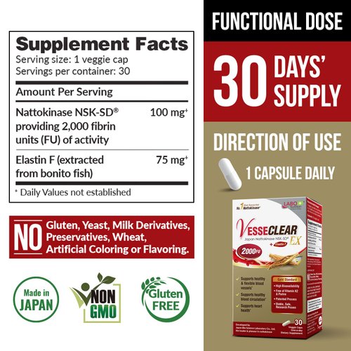 LABO Nutrition VesseCLEAR EX: Nattokinase NSK-SD+Elastin F for Clean & Flexible Blood Vessel. Japan's Most Research Proven, Functional Dose, Acid-Resistant/Delayed Release Capsules