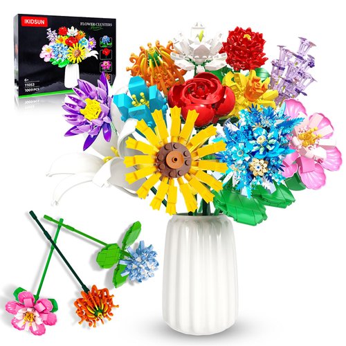 IKIDSUN Flower Bouquet Building Toy Set, 12 Kinds of Flowers for Office Home Decor, Mother's Day, Birthdays, Valentine's Day Ideal Gifts for 6+ Girls Women Adults, No Vase