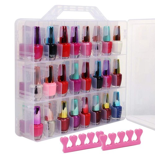 SUBAY Portable Nail Polish Organizer, Clear Double Side Nail Polish Holder,Gel Nail Storage for 48 Bottles with 6 Adjustable Dividers in Each Side Space Saver