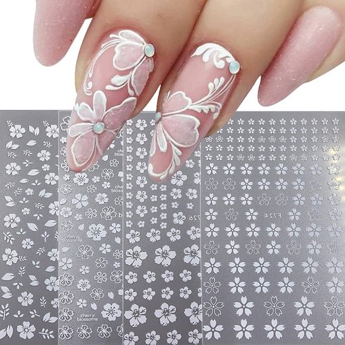 Flower Nail Art Stickers Decals 4 Sheets White Cherry Blossoms Nail Art Supplies 3D Self-Adhesive Nail Decorations Accessories DIY Acrylic Nail Art Applique (white)