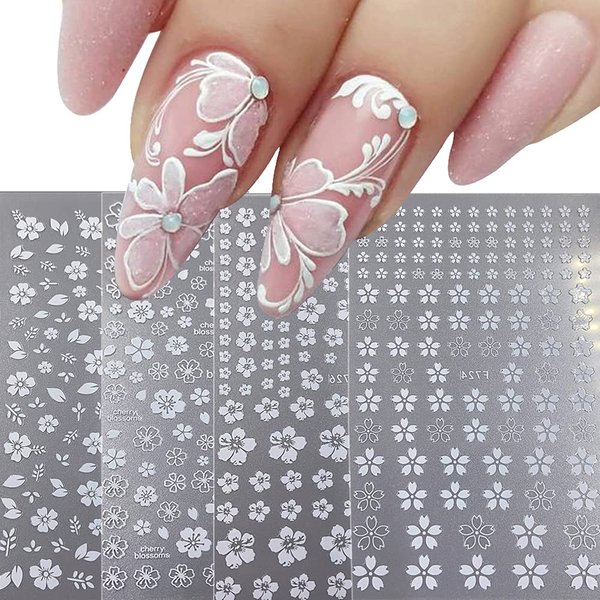 Flower Nail Art Stickers Decals 4 Sheets White Cherry Blossoms Nail Art Supplies 3D Self-Adhesive Nail Decorations Accessories DIY Acrylic Nail Art Applique (white)