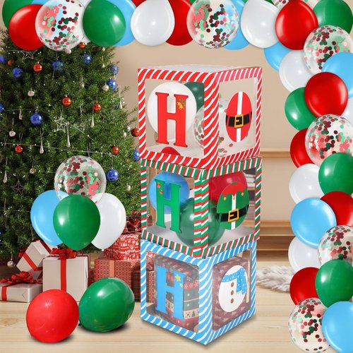 Woanger Christmas Box Balloon Decorations 3 Pcs Ho Ho Ho Transparent Balloon Boxes with 35 Pcs 10 Inch 12 Inch Balloons 1 Roll Ribbon Xmas Party Balloons Kit for Holiday Winter Party Supplies