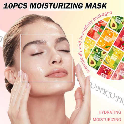 JunKuJK 10PCS Hydrating Facial Sheet Mask,Moisturizing Face Masks Skincare Gift Set,Long Lasting Face Mask Skin Care & Facial Mask Kit for All Skin Types