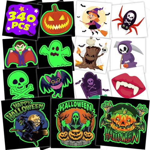 winthrop 340 Pcs Luminous Halloween Temporary Tattoos for Kids, Individually Wrapped Glow In the Dark Waterproof Safety Tattoos,Trick or Treat, Best Choice for Halloween Candy Bag, 85 Designs