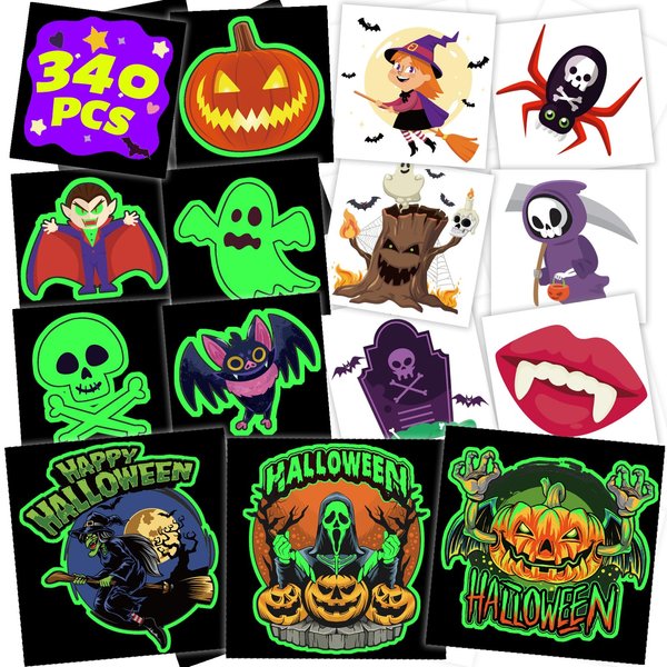 winthrop 340 Pcs Luminous Halloween Temporary Tattoos for Kids, Individually Wrapped Glow In the Dark Waterproof Safety Tattoos,Trick or Treat, Best Choice for Halloween Candy Bag, 85 Designs