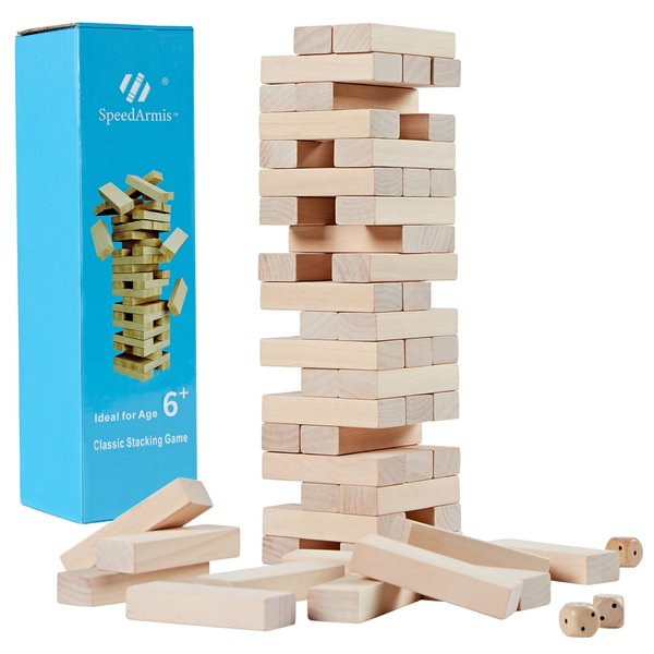 SpeedArmis Mini Tumble Tower, 54PCS Wooden Stacking Game for Teens - Pine Stack Timber Board Games with 4 Dice Set - Classic ‌Xmas Gifts for Kids