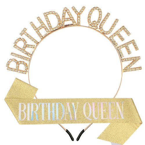 AOPRIE Birthday Queen Crown & Sash for Women Gold Birthday Tiara for Girls Birthday Queen Headband Princess Crown Rhinestone Happy Birthday Accessories