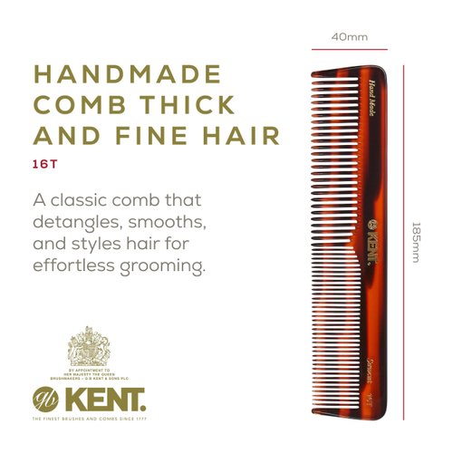 Kent 16T Fine Tooth and Wide Tooth Comb - Beard Comb, Hair Comb for Men and Women, Mustache Comb, and Detangling Comb