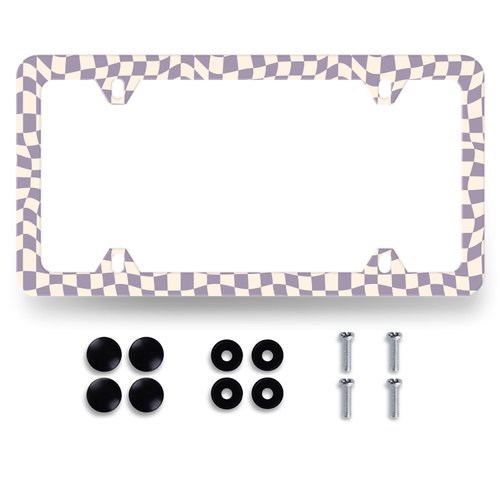 Purple Checkerboard License Plate Frame Colorful Checkered Mosaic Elements License Plate Personalise Stainless Steel Rust-Proof Auto Parts Funny License Plate Cover Decoration Screws 12.3" x 6.3"
