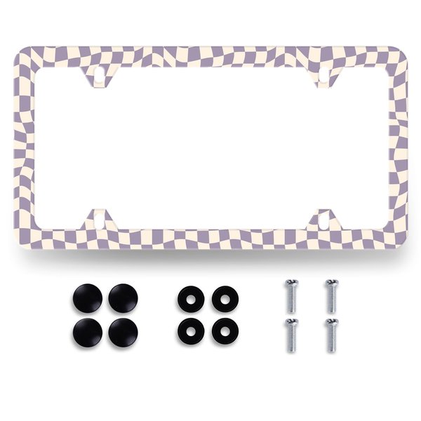 Purple Checkerboard License Plate Frame Colorful Checkered Mosaic Elements License Plate Personalise Stainless Steel Rust-Proof Auto Parts Funny License Plate Cover Decoration Screws 12.3" x 6.3"