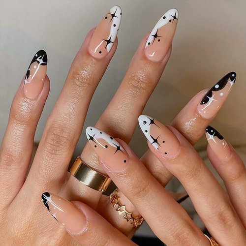 GLAMERMAID Black Press on Nails Medium Almond, Emo Fake Nails Short with Gothic Eyes Desgin, Dark Moon Glossy Gel Acrylic Stiletto Stick on False Nails Set, Reusable Glue on Nails for Women Girls Gift
