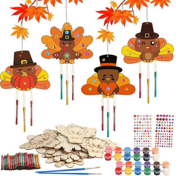 12 Pack Fall Wind Chimes Crafts Kits for Kids, Thanksgiving Make Your Turkey Wind Chimes Wooden Arts and Crafts for Kids DIY Party Supplies Thanksgiving Day Halloween Fall Decoartion