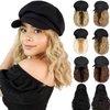 Qlenkay Newsboy Cap with Bob Hair Extensions Black Hat Wig 8 Panel Visor Beret Attached Synthetic 14'' Short Curly Wavy Hairpiece for Woman Ash Blonde