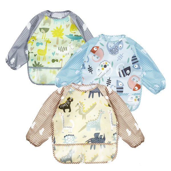 PandaEar (3 Pack Long Sleeve Bibs| Waterproof Full Sleeve Bib for Baby Infant Toddler 6-36 Months (Lizard)