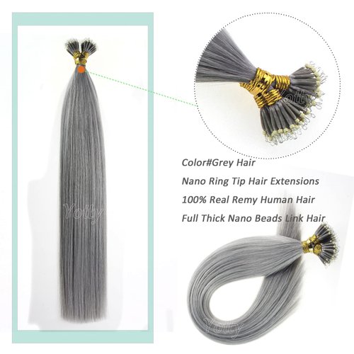 Nano Ring Hair Extensions Human Hair Keratin Cold Fusion Nano Tip Micro Nano Beads Link Thick Hair Balayage Highlight Ombre Real Remy Hair 1g/s (16inch50gr50s, Silver Gray)