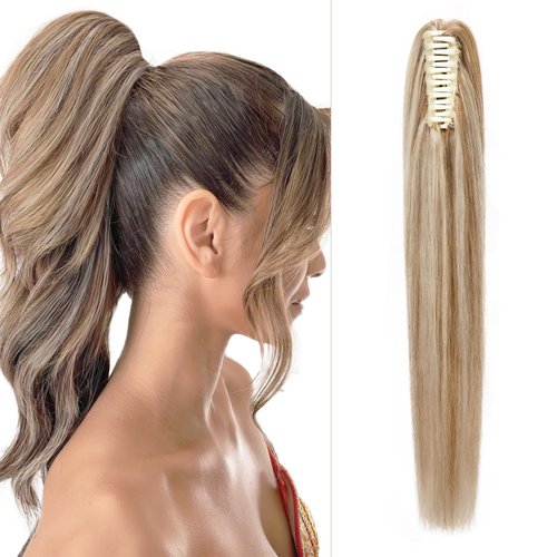 Fellissy Claw Clip Ponytail Extension human hair ponytail extension for Women Long straight ponytail extension hair extensions real human hair ponytail 14inch #12P613 Flax yellow mixed Light gold