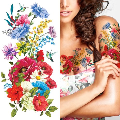 Supperb Temporary Tattoos - Hand drawn Colorful Summer Flower Bouquet (Set of 2)