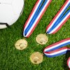 Juvale 12 Pack Soccer Award Medals for Kids and Adults - Team Participation Trophies with Red, White, and Blue Striped 15.5" Ribbon, Sports Themed Futbol Party Favors (2 in, Metal, Gold)