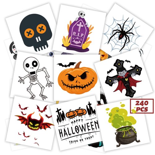 240 PCS Halloween Temporary Tattoos for Kids, Safety Waterproof Bulk Tattoos Stickers, Halloween Prizes Assorted Gifts, Best Choice for Halloween Party Favors, 60 Different Designs Pumpkin Witch Skull
