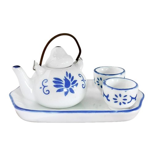 SUPVOX 1 Set of Miniature Porcelain Dollhouse Teaware - Diy Ceramic Tea Set with Teapot, Cups, and Plates - 1:12 Scale Dollhouse Decoration