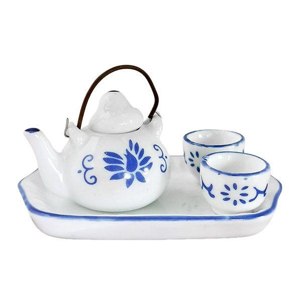 SUPVOX 1 Set of Miniature Porcelain Dollhouse Teaware - Diy Ceramic Tea Set with Teapot, Cups, and Plates - 1:12 Scale Dollhouse Decoration