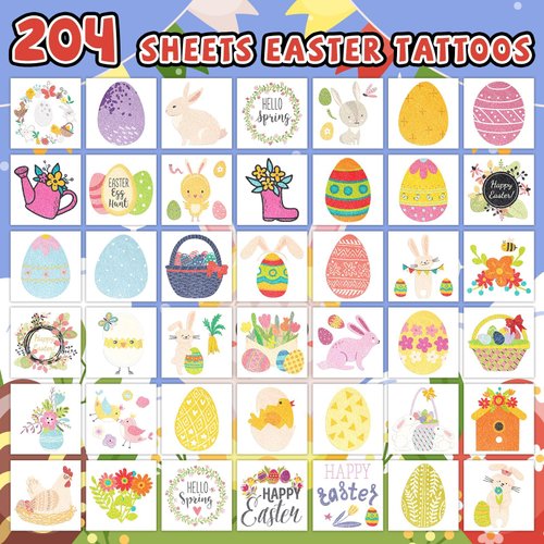 EMOME Glitter Easter Tattoos for Kids Bulk, 204 Individually Wrapped Sheets Glitter Easter Temporary Tattoos for Kids, Easter Egg Fillers Party Supplies Favor Basket Stuffers