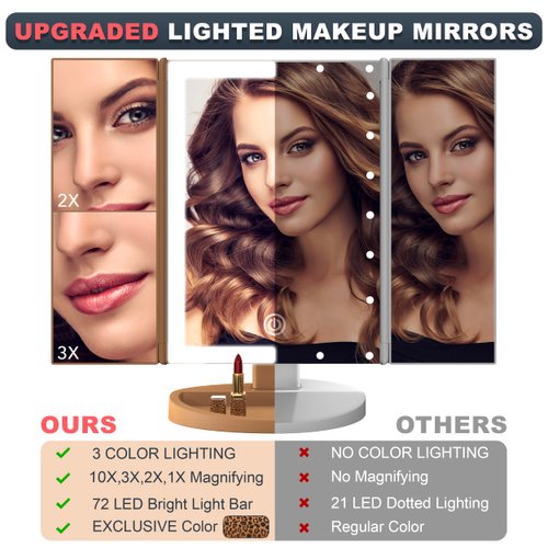 RoLeDo 3 Folds Lighted Vanity Makeup Mirror, 72 LED Makeup Mirror with Lights, 2X/3X/10X Magnification, Touch Screen 3 Color Lighting Portable Cosmetic Mirror Desk, Gifts for Women, Cheetah Print
