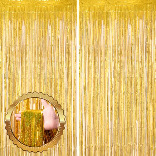 Voircoloria 2 Pack Laser Gold Tinsel Foil Fringe Curtains, Gold Party Decorations, Metallic Tinsel Party Streamers Backdrop for Birthday Baby Shower Graduation Wedding New Years Party Decorations
