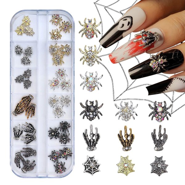Halloween Nail Charms 3D Spider Hand Alloy Nail Art Supplies Black Gold Silver Charms Nail Jewelry for Women Halloween DIY Nail Art Decoration Accessories 36Pcs