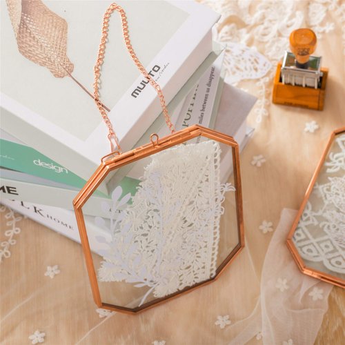 NCYP Wall Hanging 5X7 Inches Copper Glass Frame for Pressed Plants, Dried Flowers, Photo - Octagon Double Glass Floating Frame, Rose Gold (Glass Frame Only)