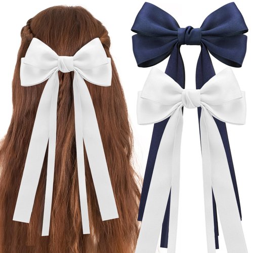 Ambesi Hair Bow Clips, 2PCS Silky Satin Hair Bows in Navyblue+White, Long Tail Hair Ribbon Ponytail Holder Accessories for Women Girl, Hair Barrette Dress Up Accessories