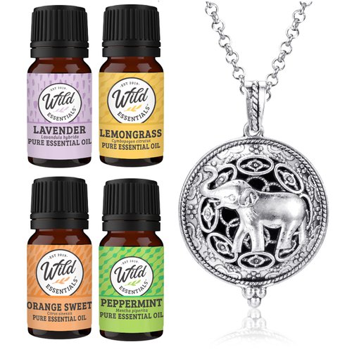 Wild Essentials Elephant Necklace Essential Oil Diffuser Kit with Lavender, Lemongrass, Peppermint, Orange Oils, 12 Refill Pads, Calming Aromatherapy Gift Set, Customizable Color Changing, Perfume