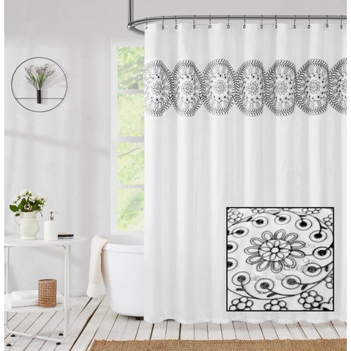 Jubilantex White Embroidered Shower Curtain for Bathroom, Black and White Boho Farmhouse Floral Decorative Waterproof Rustic Style Water Resistant Bath Room Curtain Fabric for Spa Hotel, 70x72 Inches