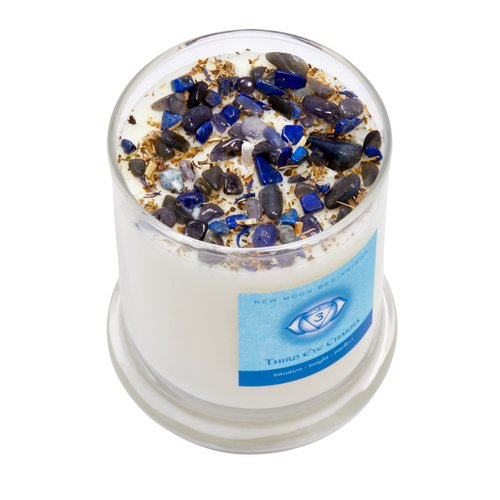 Third Eye Chakra Candle by New Moon Beginnings - Chakra Candles - Dried Flower, Herb, & Crystal Candles - Aromatherapy Candles - Soy Candle - 12oz Glass Jar