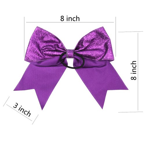 Cheerleader Bows Cheerleading 8 inch Sparkle Glitter Ponytail Holder Hair Tie School for High School College Girl Team Sports 6 Pcs … (Purple)