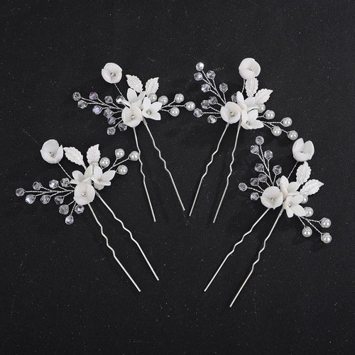 Teyglen 4pcs Flower Bride Wedding Hair Pins Gold Silver Leaf Headpiece Pearl Crystal Bridal Hair Pins Clips Floral Hair Accessories Jewelry for Women (Silver)