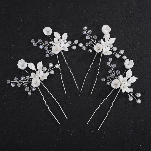 Teyglen 4pcs Flower Bride Wedding Hair Pins Gold Silver Leaf Headpiece Pearl Crystal Bridal Hair Pins Clips Floral Hair Accessories Jewelry for Women (Silver)