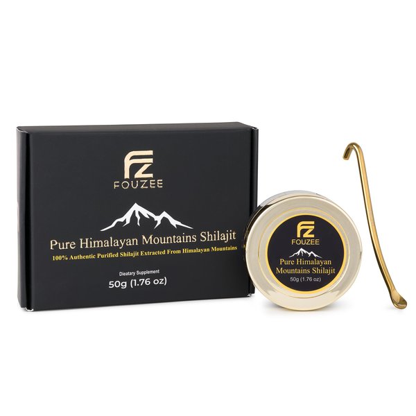 FOUZEE Pure Himalayan Mountains Shilajit - Authentic Hard Consistency, Natural Source of Fulvic Acid, Over 85 Trace Minerals, Includes Stainless Steel Spoon (50 Grams)