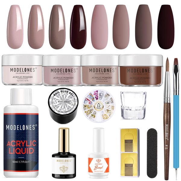 Modelones Acrylic Nail Kit , Nude Brown Acrylic Nail Supplies Professional Monomer Acrylic Nail Liquid Rhinestone Glue Acrylic Nail Brush Nail Primer and Top Coat, Acrylic Nail Set Gift for Women