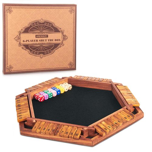 AMEROUS Upgraded 1-6 Players Shut The Box Dice Game, Wooden Board Table Math Game with 16 Dice for Kids Adults, Family Classroom Home Party or Pub