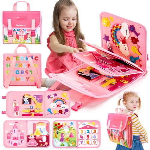 hahaland Montessori Toys for Ages 2-4, Busy Board 1-4 Year Old Girl Birthday Gift 17 in 1 Preschool Learning Activities with 12 Life Skill, Number,Shape,Dressup,Animal,Figures,Baby Girl